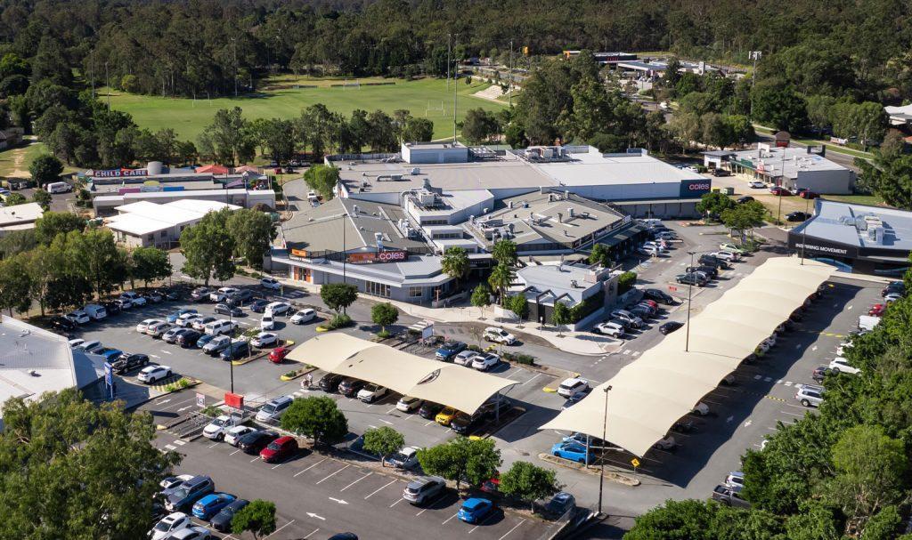 Aerial view of Springfield Fair, a fully leased neighbourhood shopping centre located in a growing area 30km south-west of Brisbane CBD managed under REIT and listed on ASX.